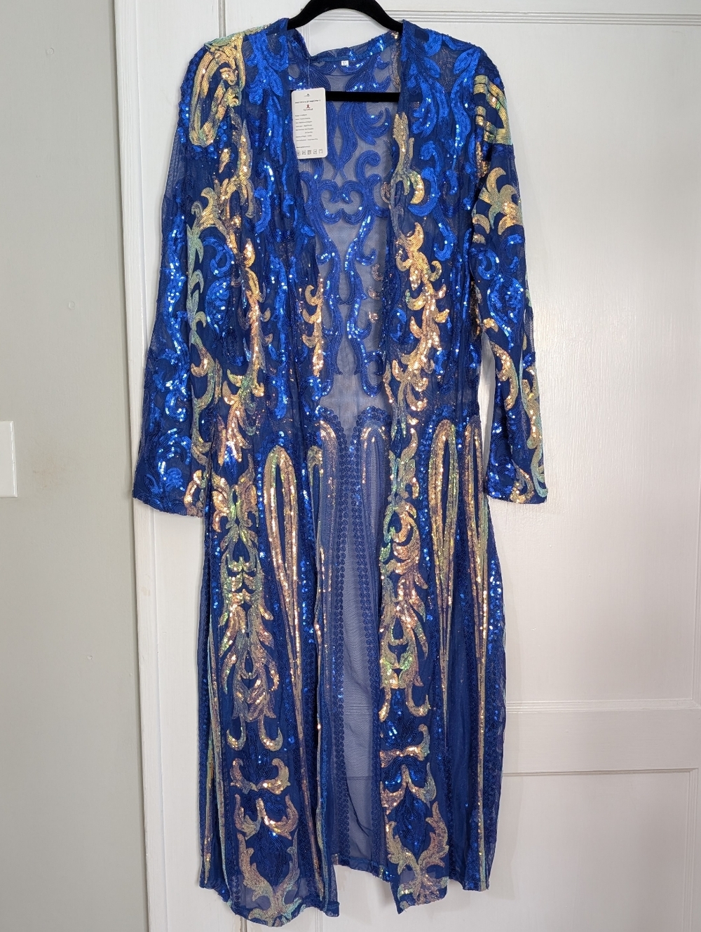 Blue Gold Sequin Sheer Duster Cardigan XL Glam Open Front